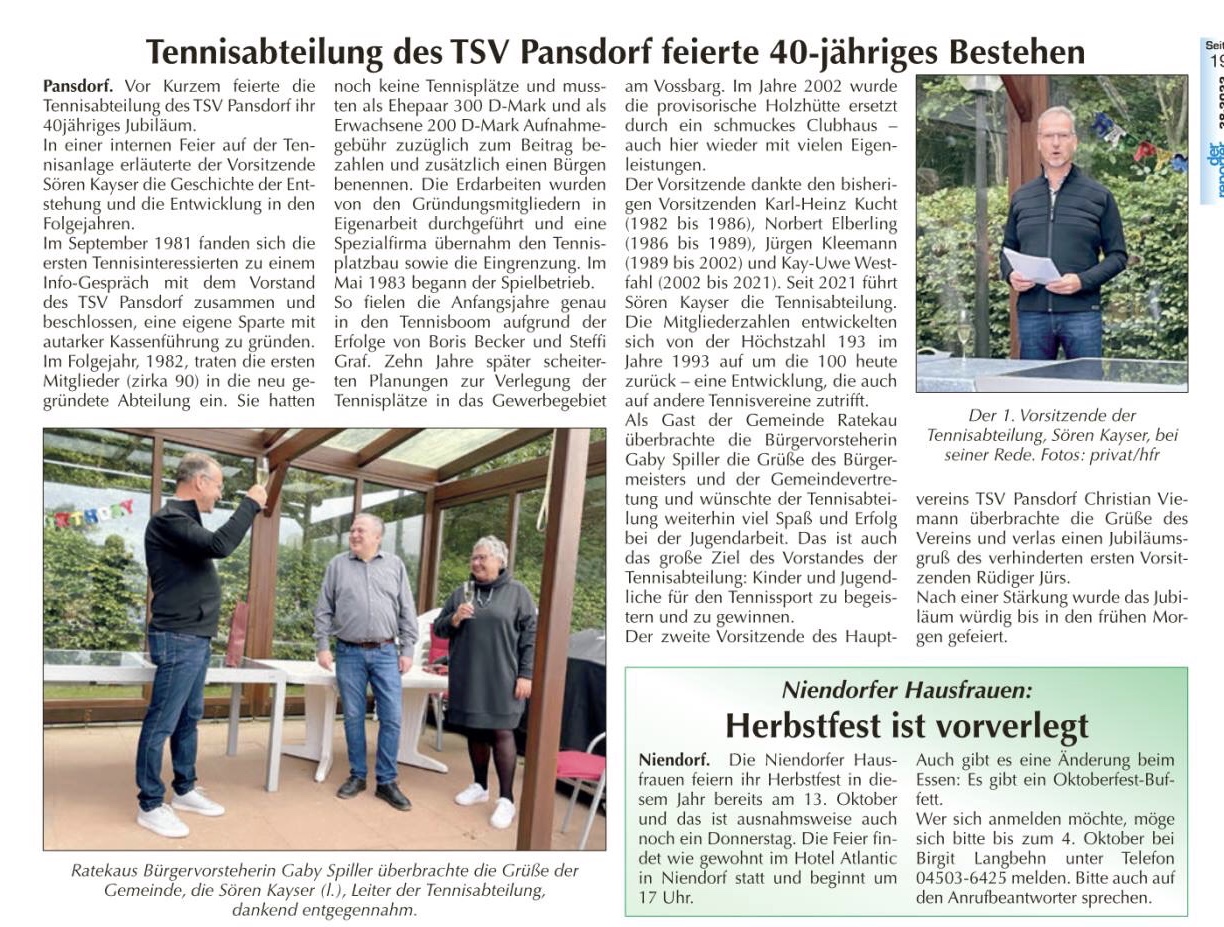 Tennisabteilung des TSV Pansdorf feiert 40-jähriges Bestehen